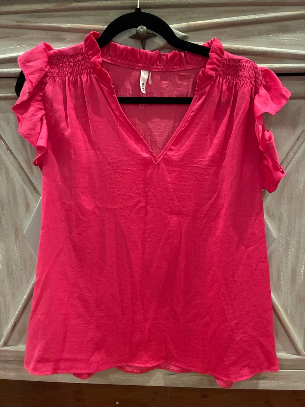 glam Ruffle Sleeve V-Neck Blouse - Hot Pink